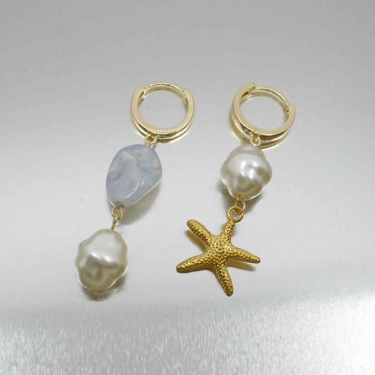 creoles étoile ricochet-creoles dorees pendentif etoile de mer doree perles de culture nacre coquillage-atelierlabonneaventure