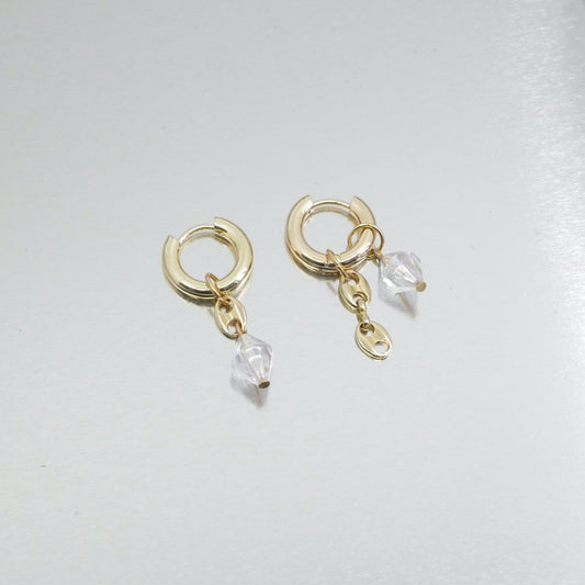 Boucles d'oreilles Cosmos-créoles or fin 14 k et pendentifs grains de café doré et perles toupies transparentes-atelierlabonneaventure