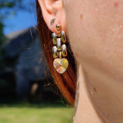 boucles oreilles nympheas-maille doree vintage pendentif coeur swarovski aurore boreale-atelierlabonneaventure