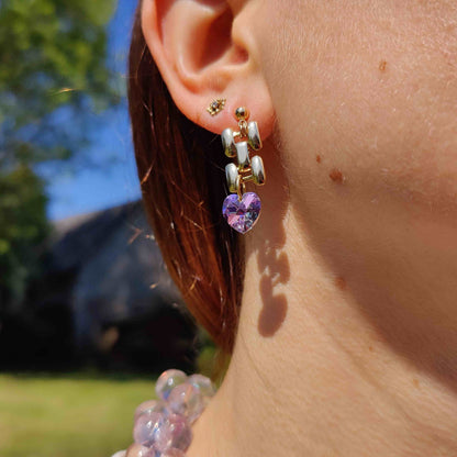 boucles oreilles nympheas-maille doree vintage pendentif coeur swarovski violet-atelierlabonneaventure